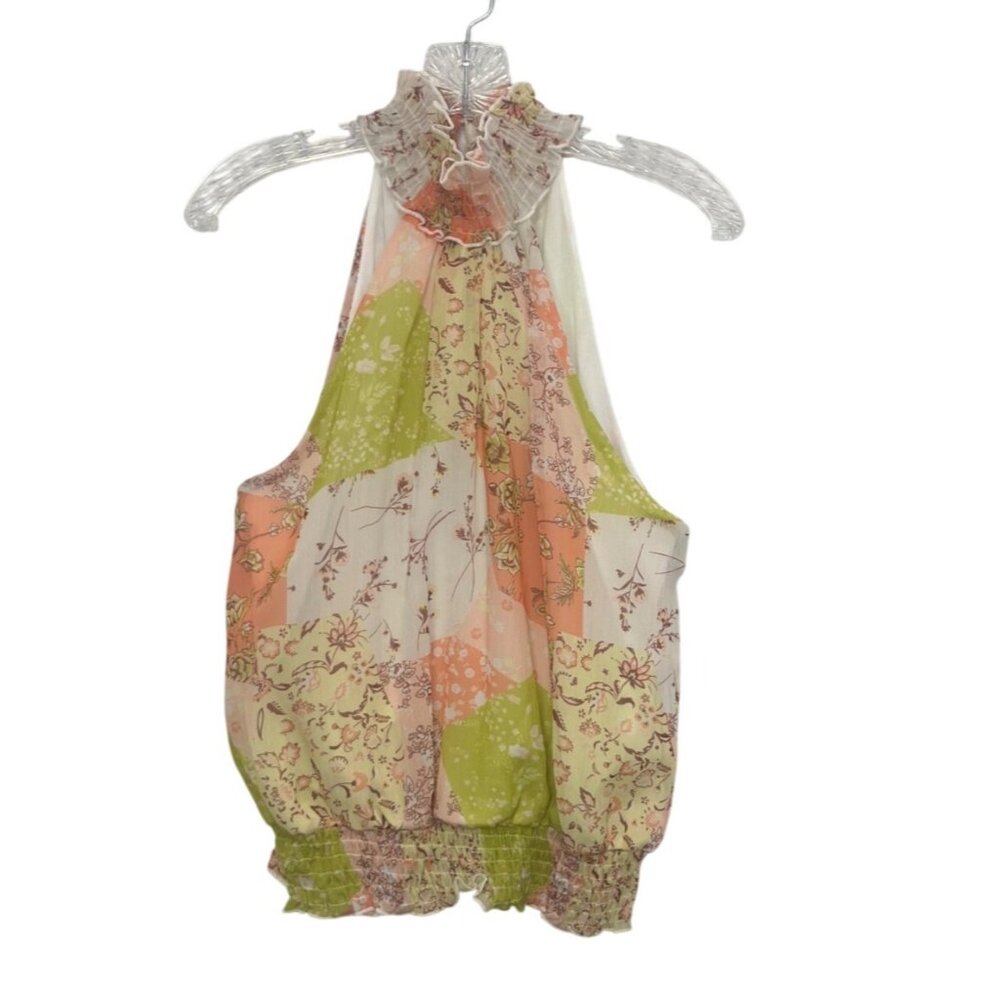 Peach Love Sleeveless Blouse Patchwork High Neck Small Green Orange New WOT